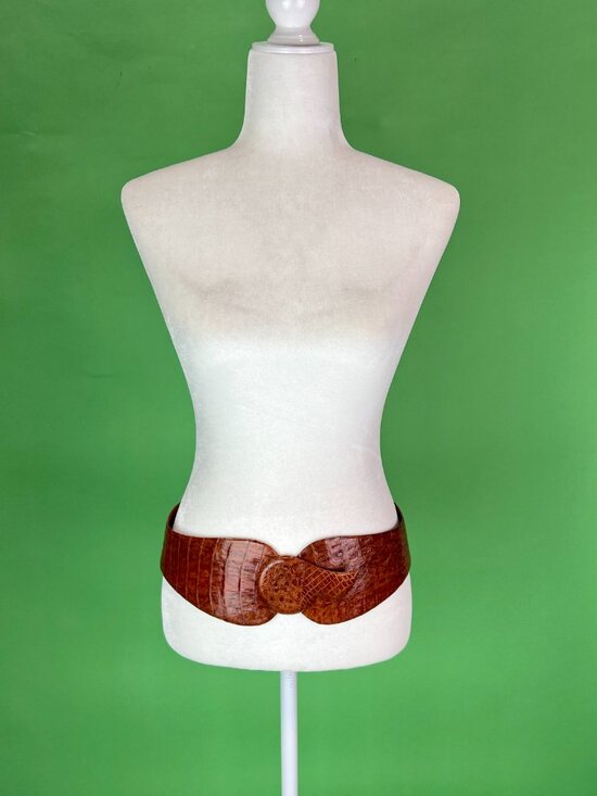 Vintage 80s Brown Crocodile Skin Statement Belt Made in El Salvador 33-34\